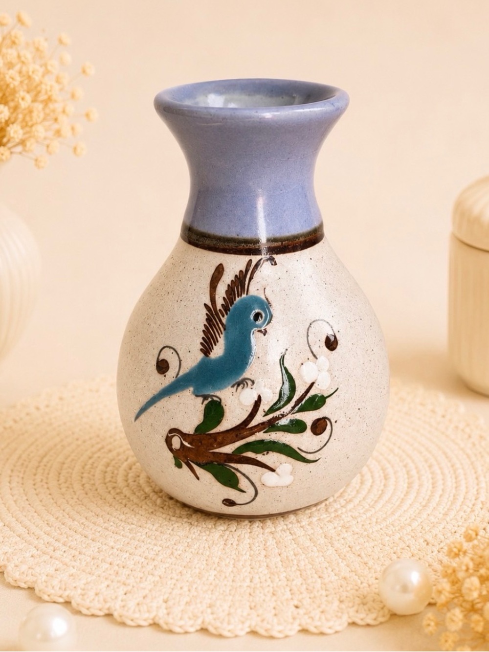 Mexican Tonala Sandstone Pottery Vase Bird Floral